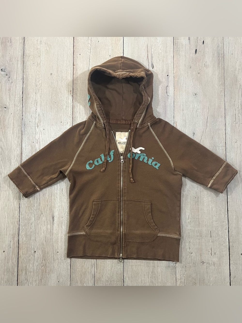 Hollister California Junior’s Short Sleeve Zip up Hoodie Size XL Brown Teal Y2K